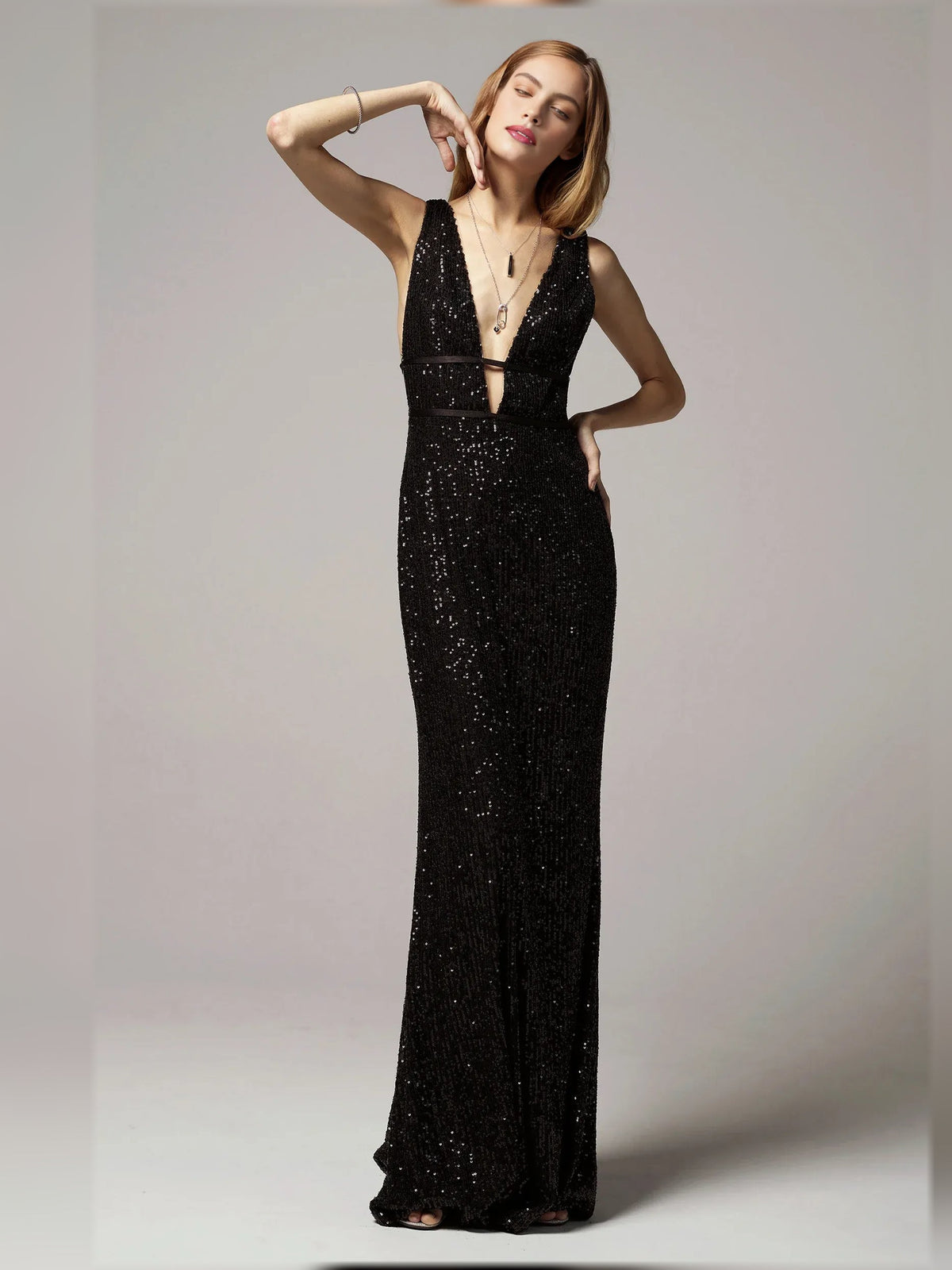 Black beaded open-back sheath floor-length formal dress with V-neck front