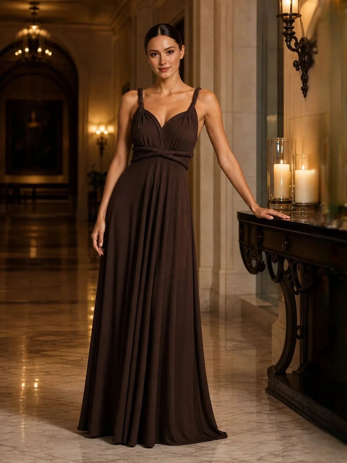 Chocolate-brown V-neck A-line maxi dress, spaghetti straps, waist tie