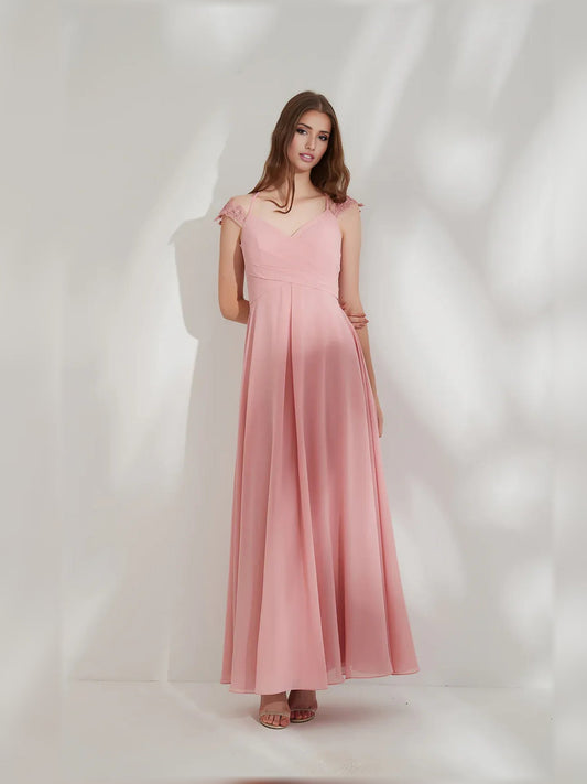 Peach V-neck ruching A-line formal maxi dress with cap sleeves, flowy floor length