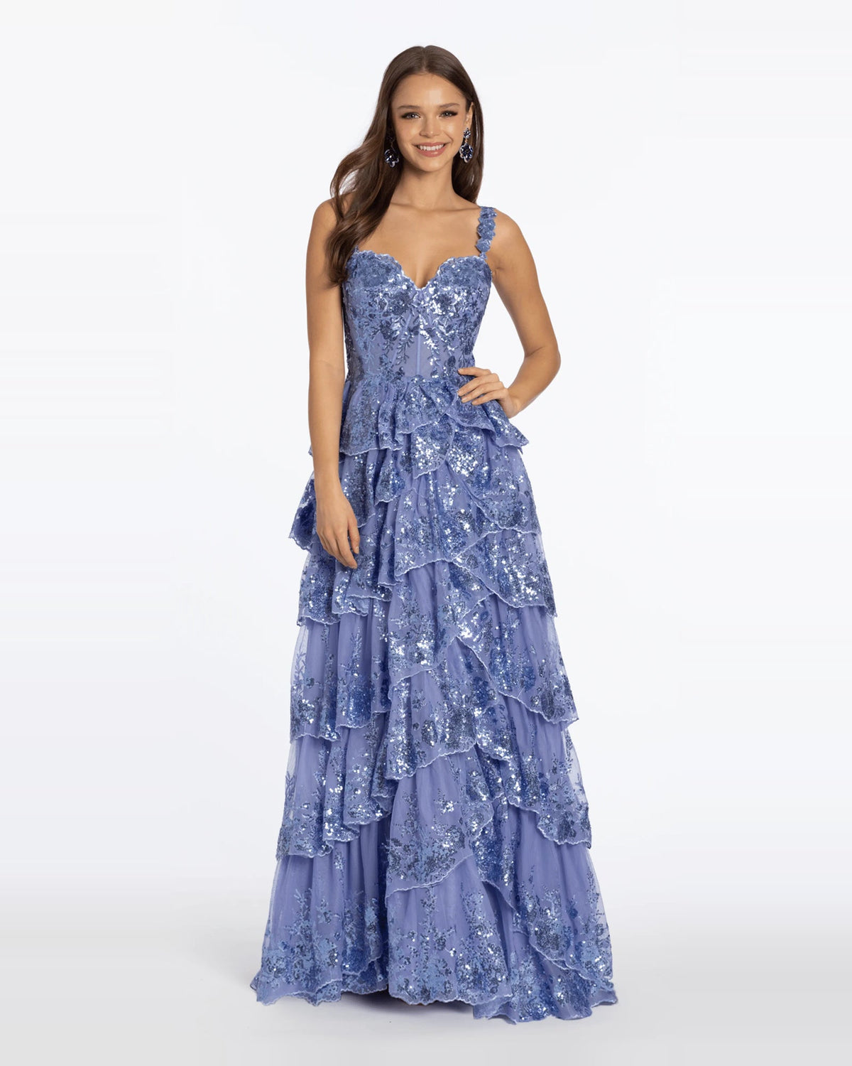 Sparkly periwinkle-blue sweetheart tiered ball-gown prom dress with corset bodice