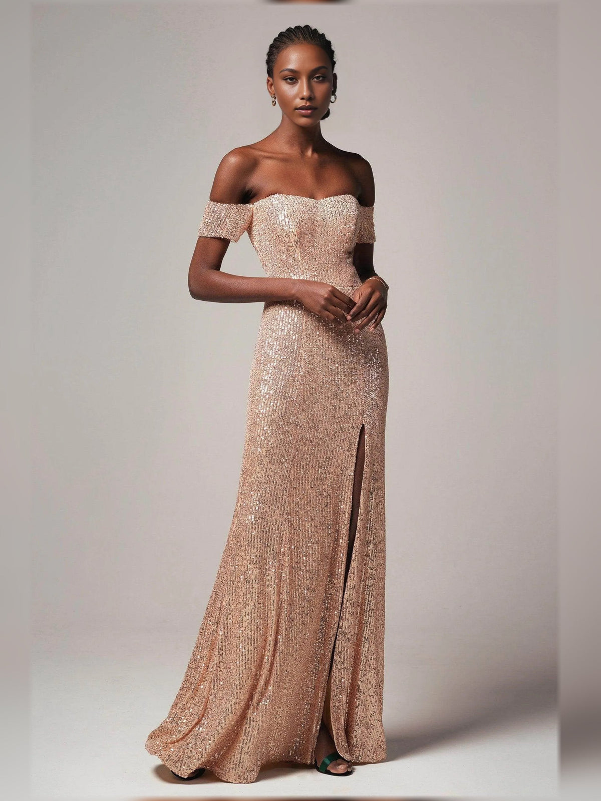 Rose gold off-the-shoulder corset formal gown with sparkle sequins and thigh slit