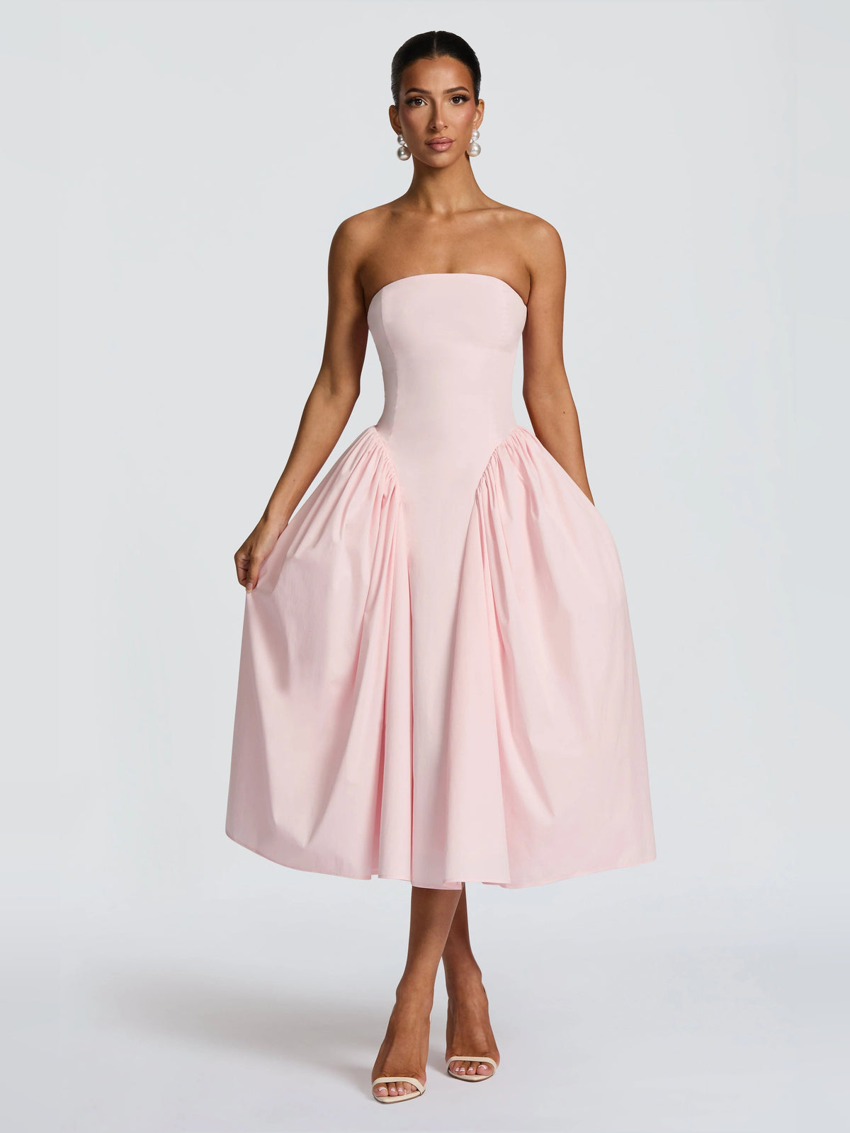 Blush strapless midi formal dress with sweetheart neckline and pleated skirt