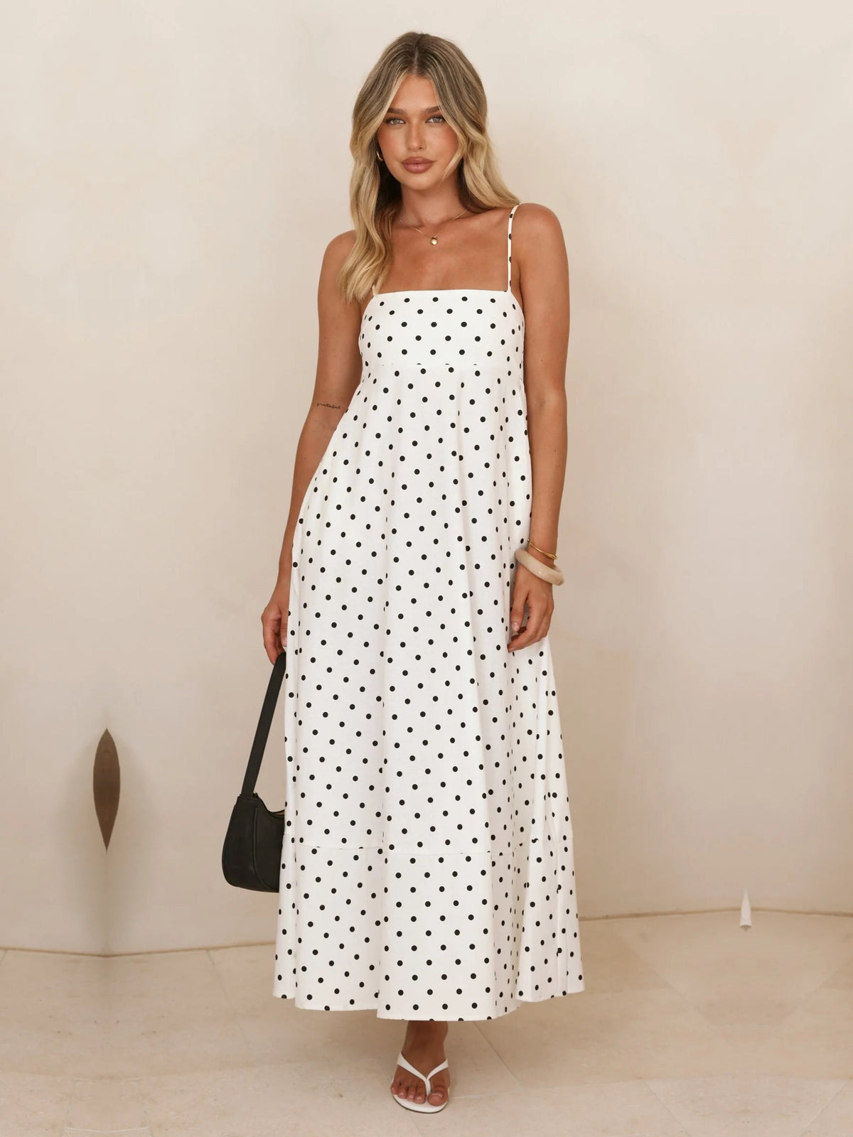 White Black Polka Dot sheath maxi formal dress with printed pattern, full-length front view