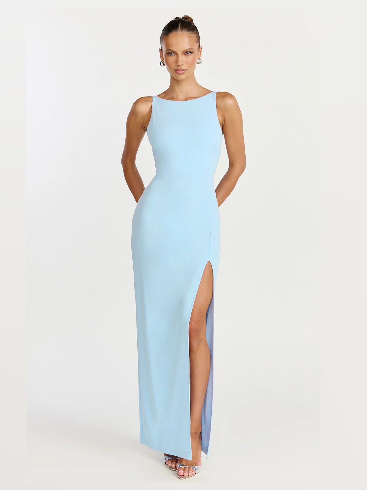 Light Blue maxi formal dress, front full-length view showing the neckline
