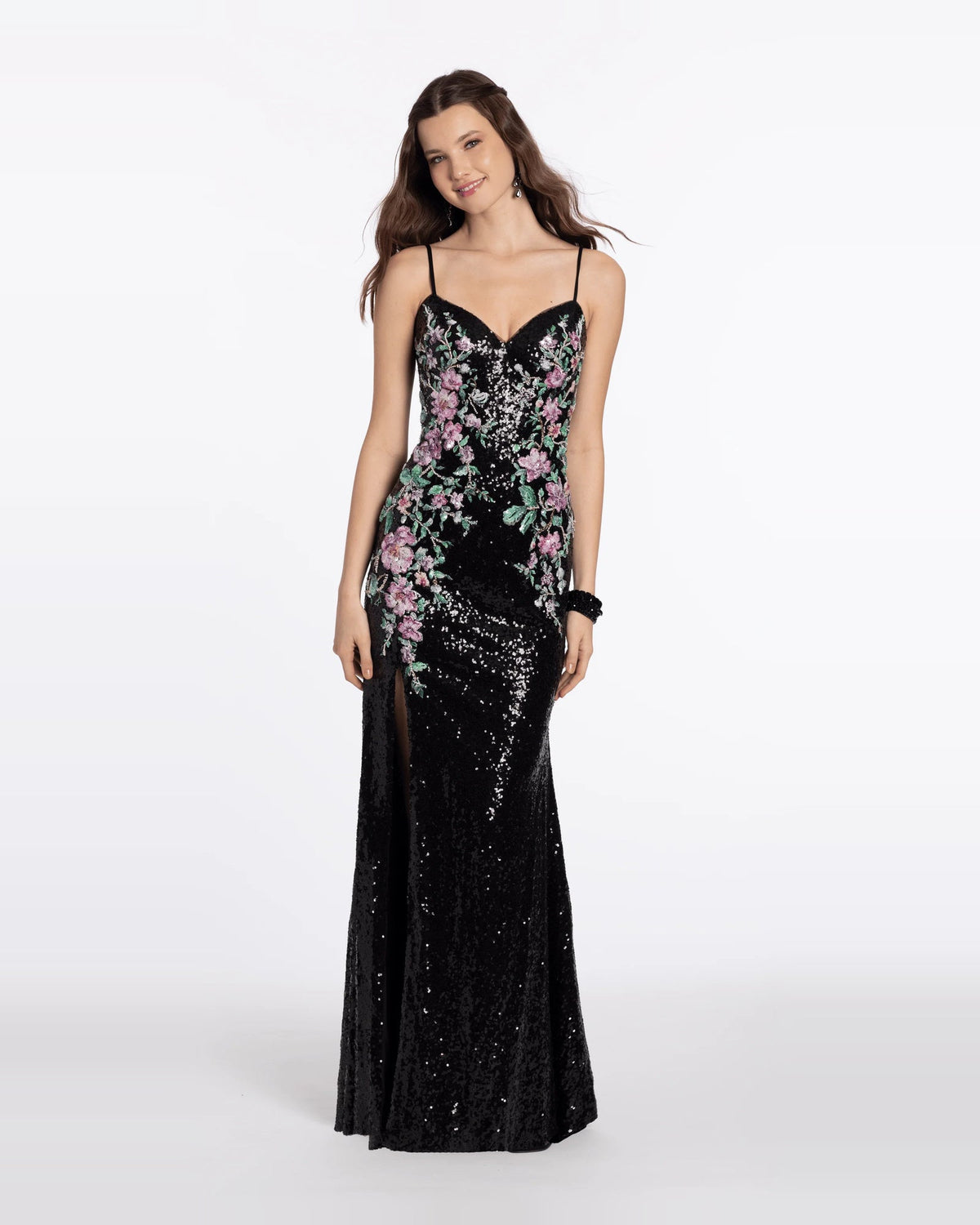 Black sequin sweetheart column maxi dress with floral embellishment and side slit
