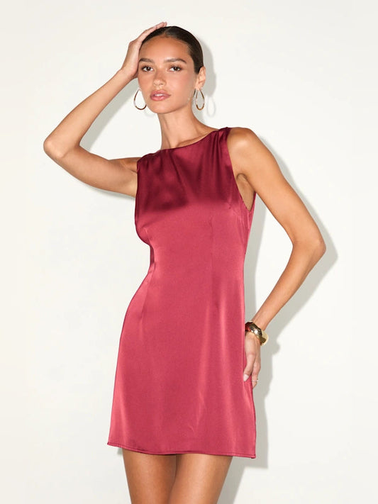 Wine red satin mini homecoming dress, sleeveless with bateau neckline.