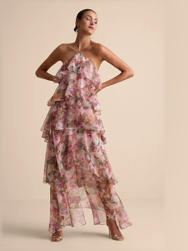 Pink formal dress with a-line silhouette and maxi length