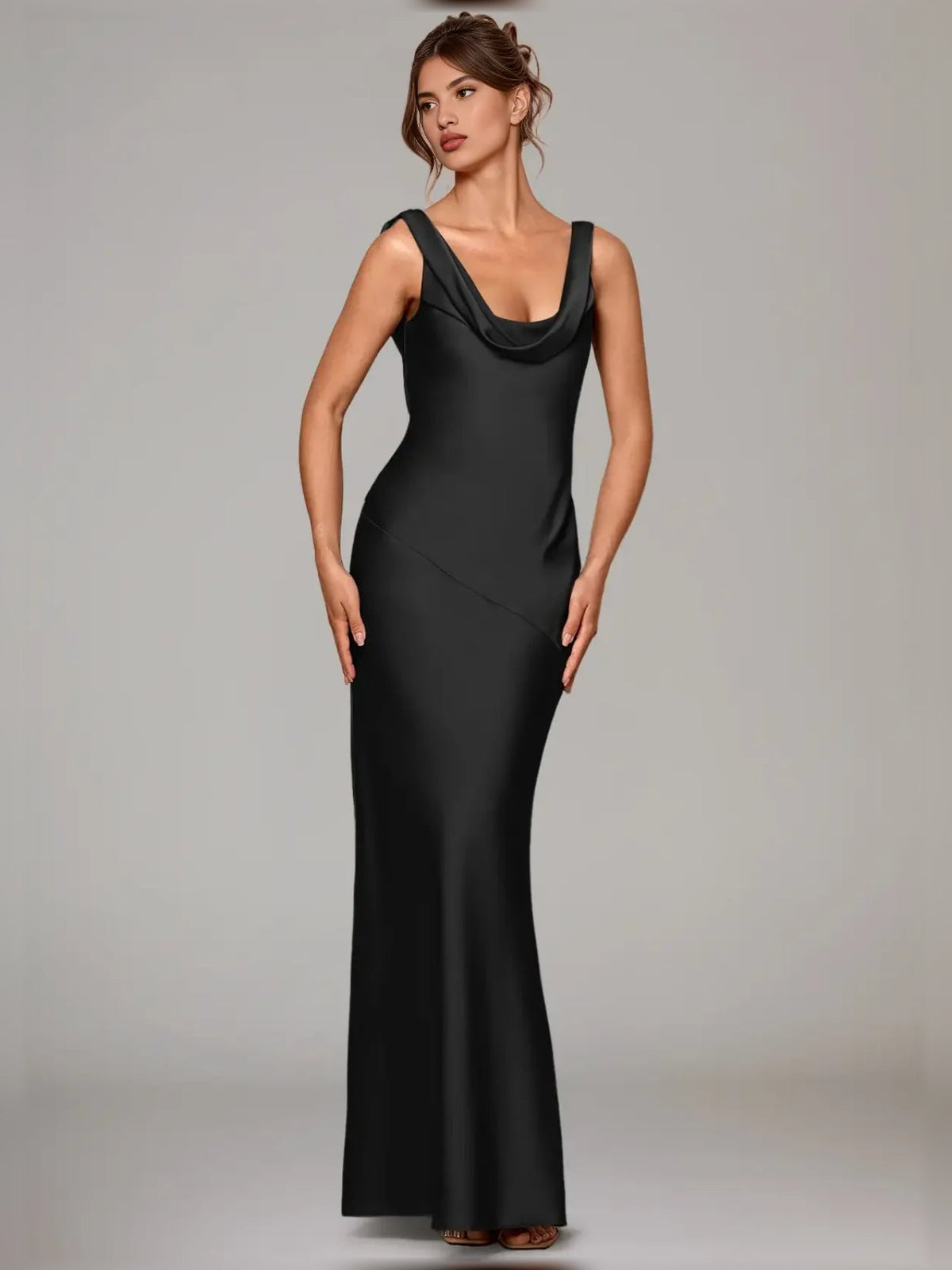 Black satin cowl-neck A-line floor-length bridesmaid dress with spaghetti straps