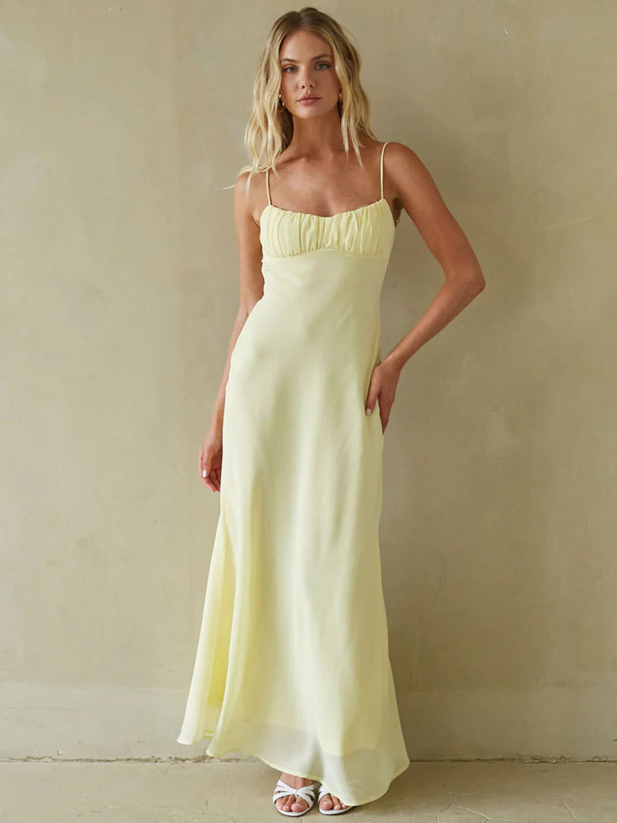 Yellow sheath maxi formal dress with sheath, full-length front view
