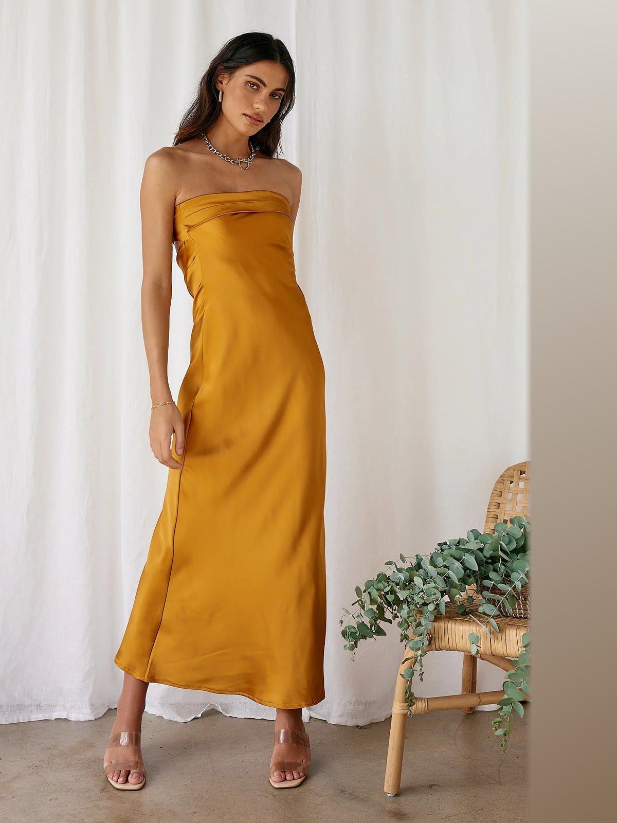 Yellow midi formal dress, front full-length view showing the neckline