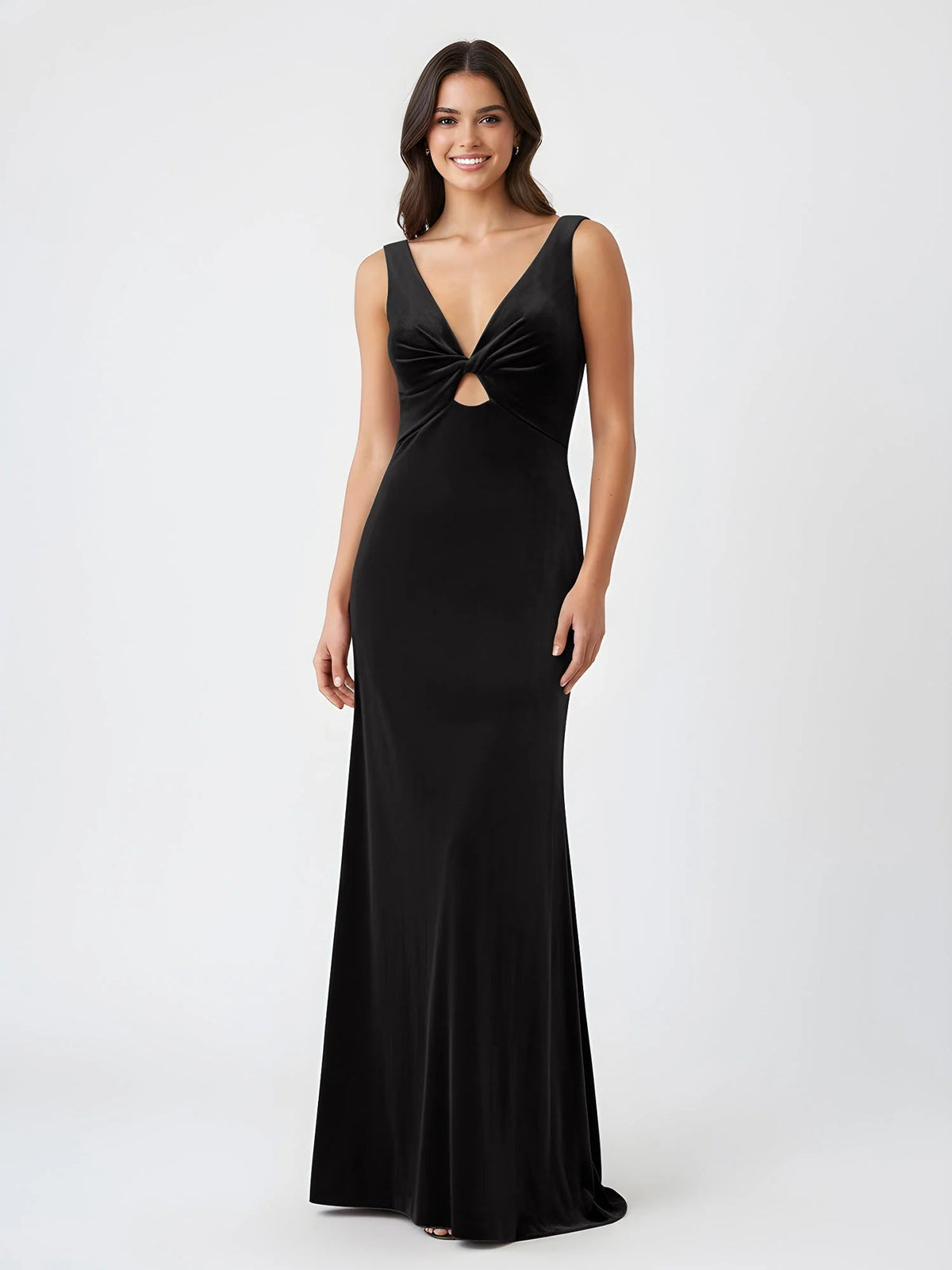 Black V-neck cutout mermaid formal dress, sleeveless with twist bodice