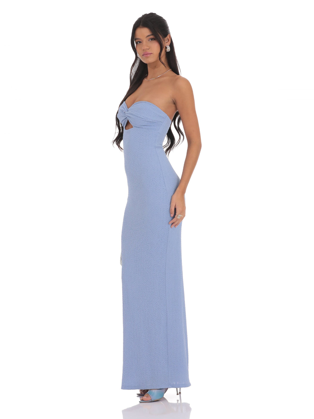 Light Blue bridesmaid dress with a-line silhouette and maxi length