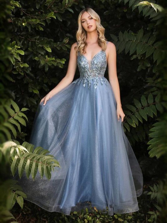 Light blue V-neck tulle prom dress with layered draped skirt
