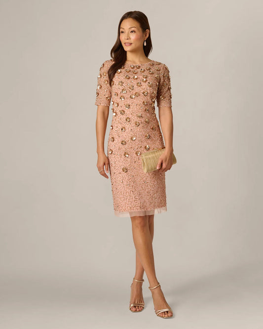 Apricot pink sequin A-line midi dress with 3/4 sleeves and jewel neckline