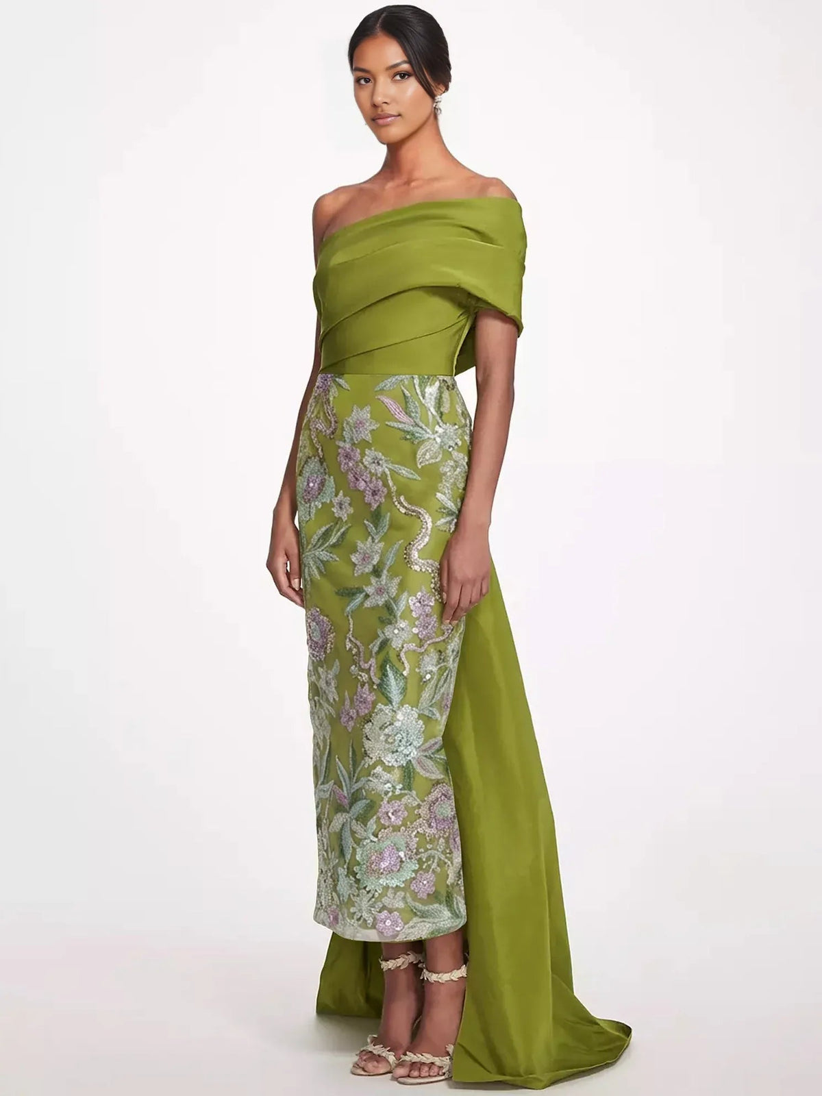 Olive green one-shoulder formal dress with floral sequin-look bodice and long skirt