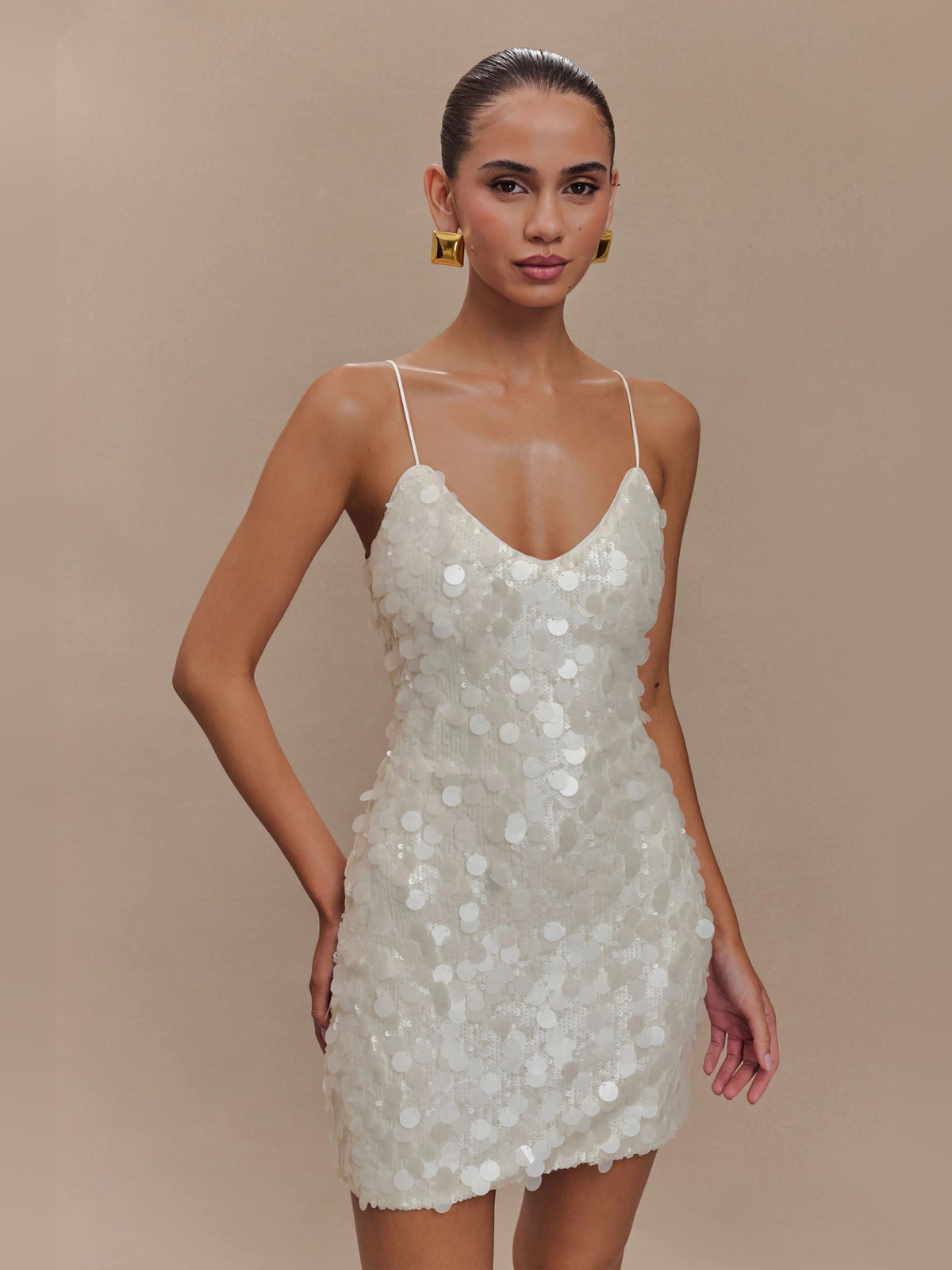 Ivory sequin mini homecoming dress with V-neck and thin spaghetti straps