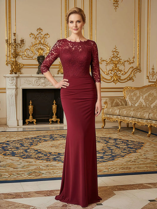 Ruched burgundy floral lace boat-neck sheath maxi dress with 3/4 sleeves