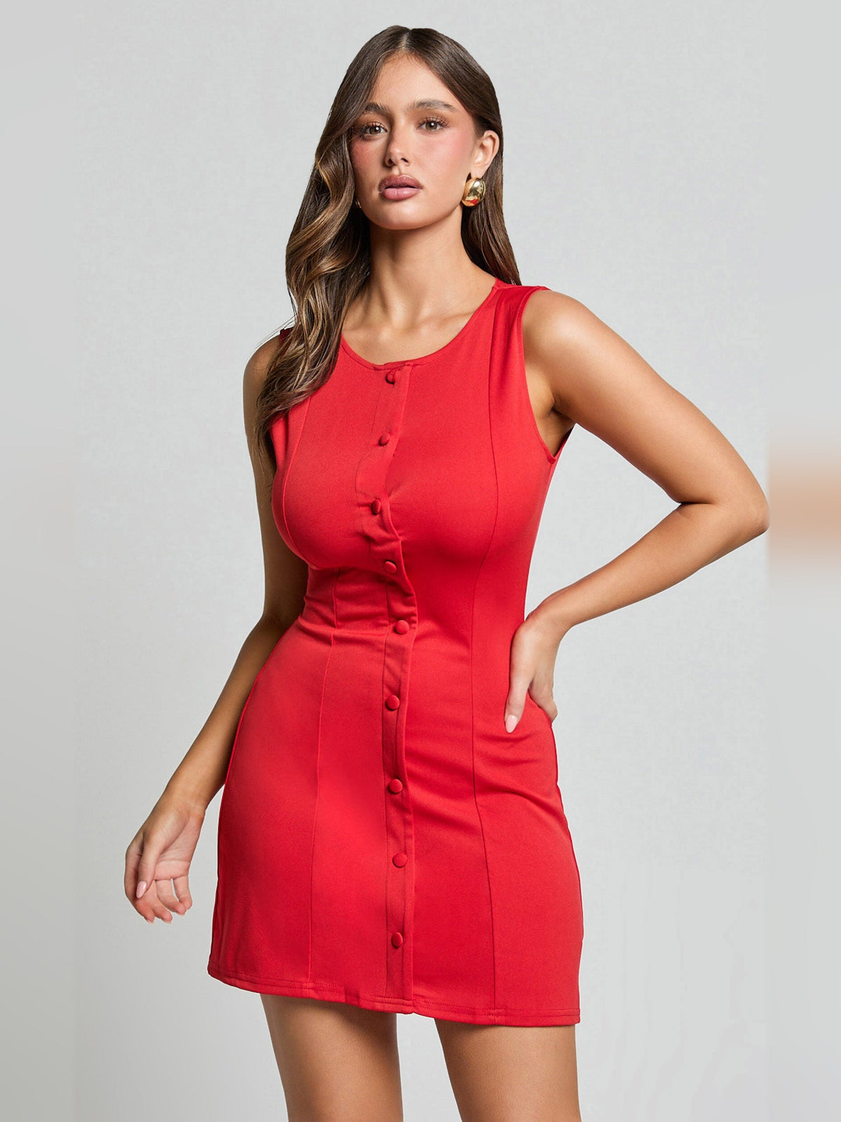 Red sleeveless high-neck mini dress with A-line shape and button-front bodice