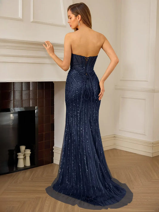 Dark navy beaded corset sweetheart mermaid prom dress, strapless floor-length