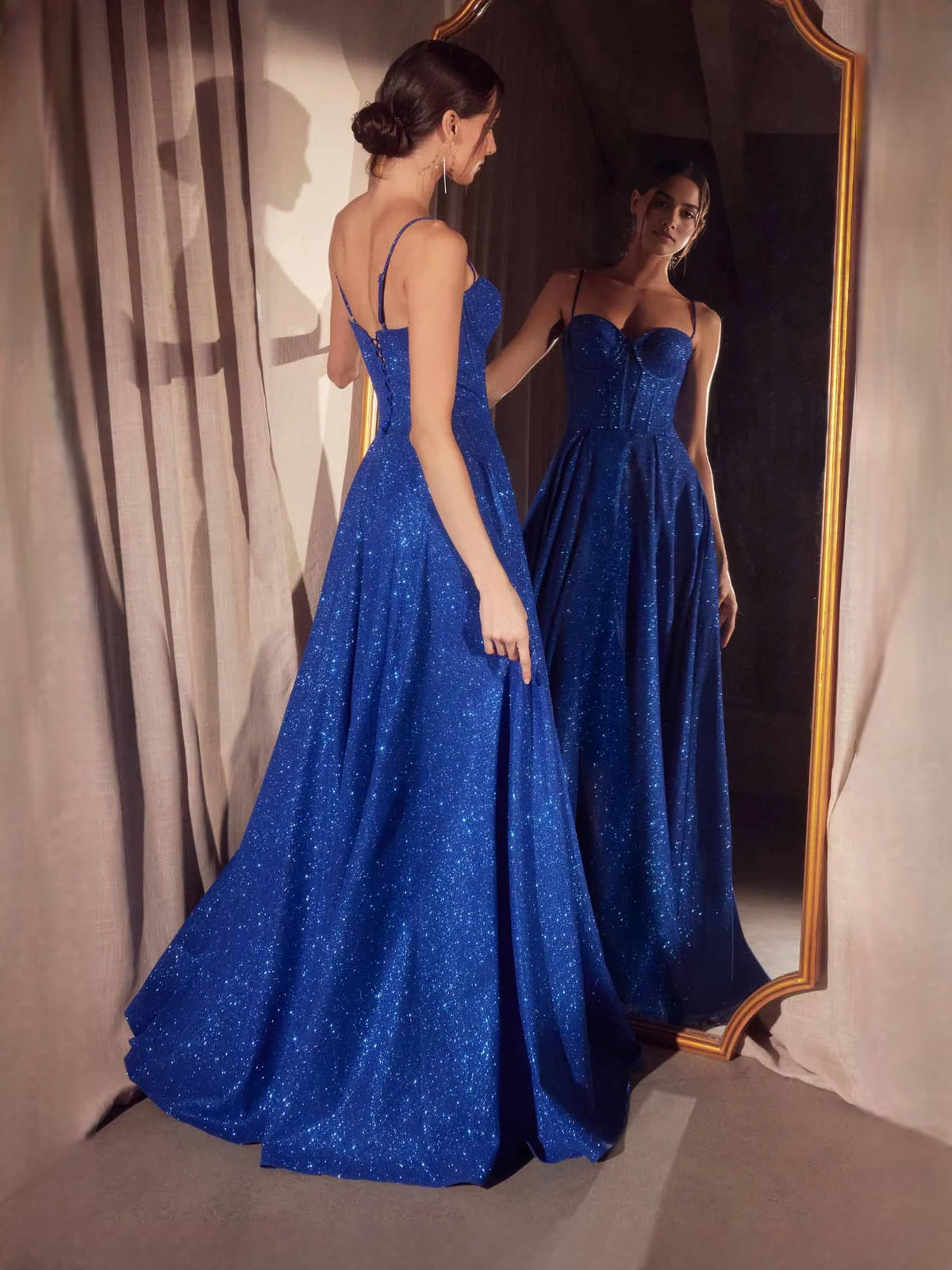 Royal blue sparkly sweetheart corset prom dress with A-line floor-length skirt