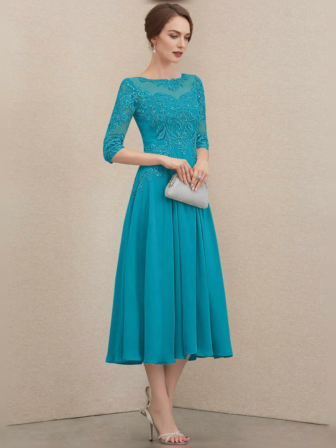 Jade teal pleated chiffon mother-of-the-bride dress with floral lace illusion neckline