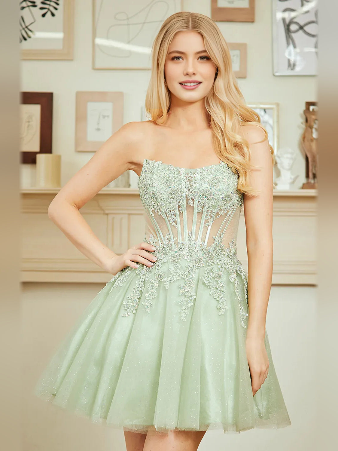 Celadon strapless A-line homecoming dress with embroidered bodice and tulle skirt
