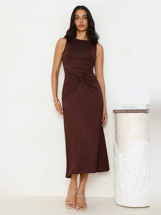 Chocolate sleeveless midi formal dress with high neckline and ruched front knot