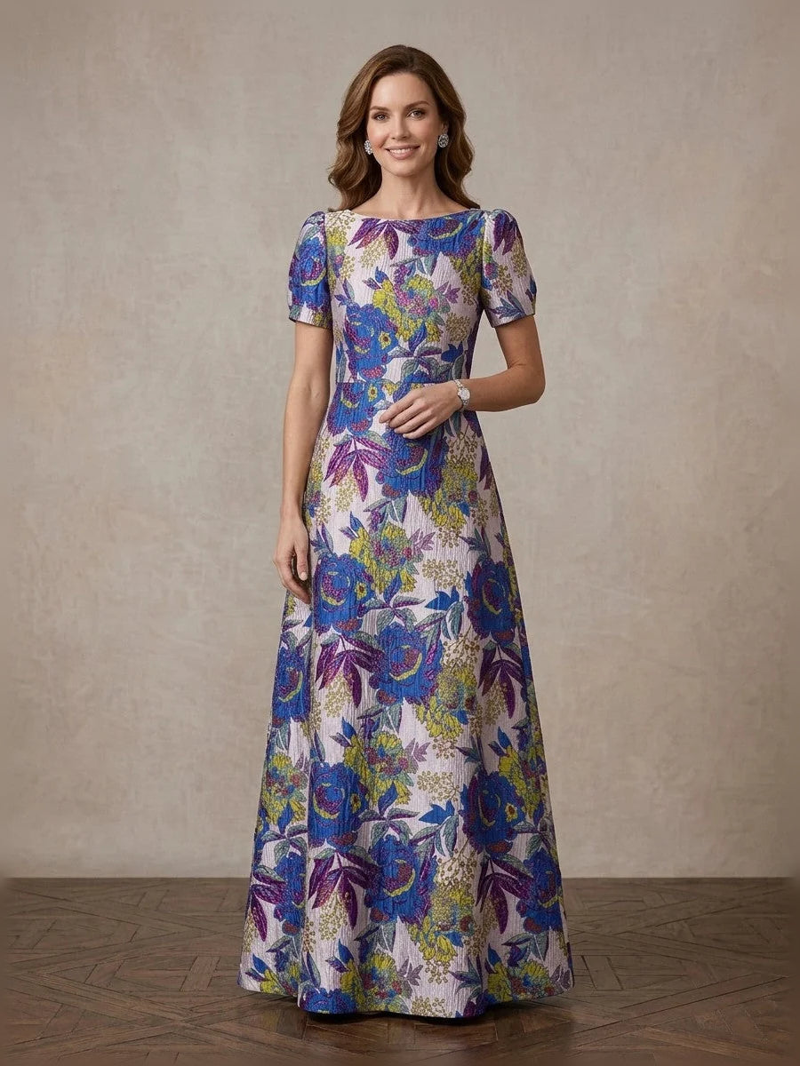 Floral boat-neck A-line maxi dress, cobalt blue with multicolor blooms and short sleeves