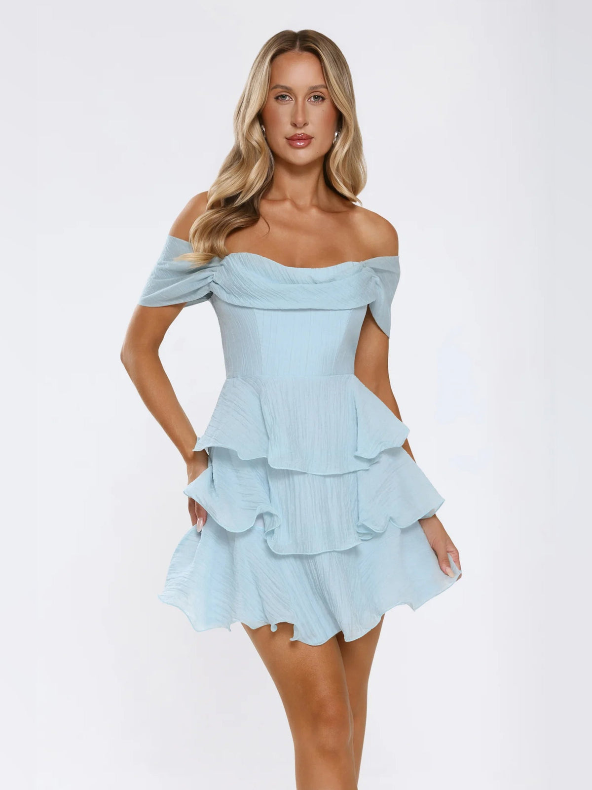 Light blue off-shoulder mini dress with tiered ruffle skirt and fitted waist