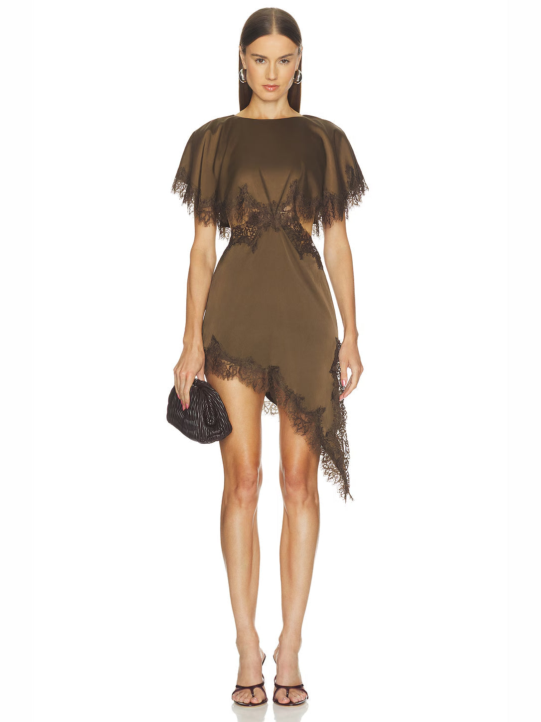 Brown mini homecoming dress with lace cutwork and fringe sleeves, asymmetrical hem