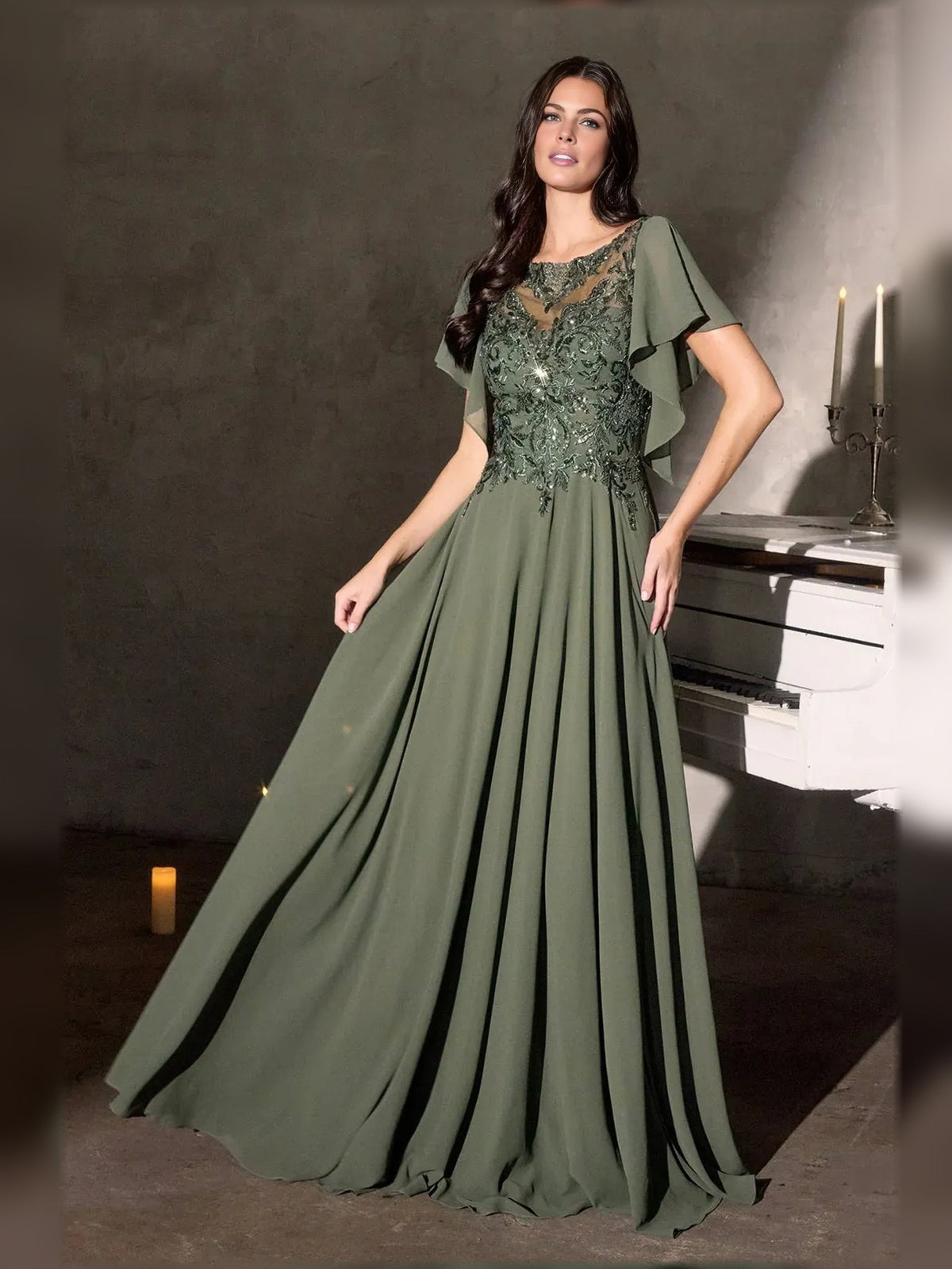 Dusty sage chiffon A-line gown with beaded bodice and cape-like flutter sleeves