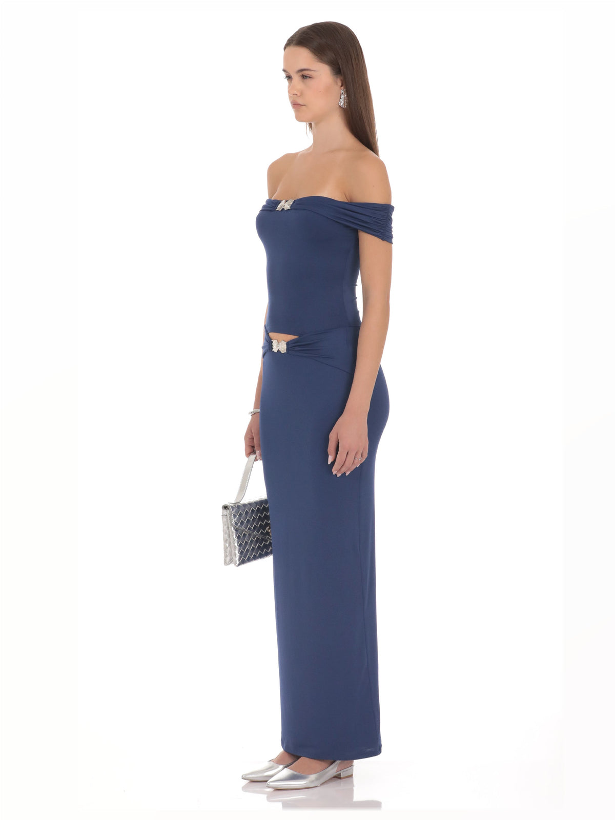 Blue bridesmaid dress with a-line silhouette and maxi length
