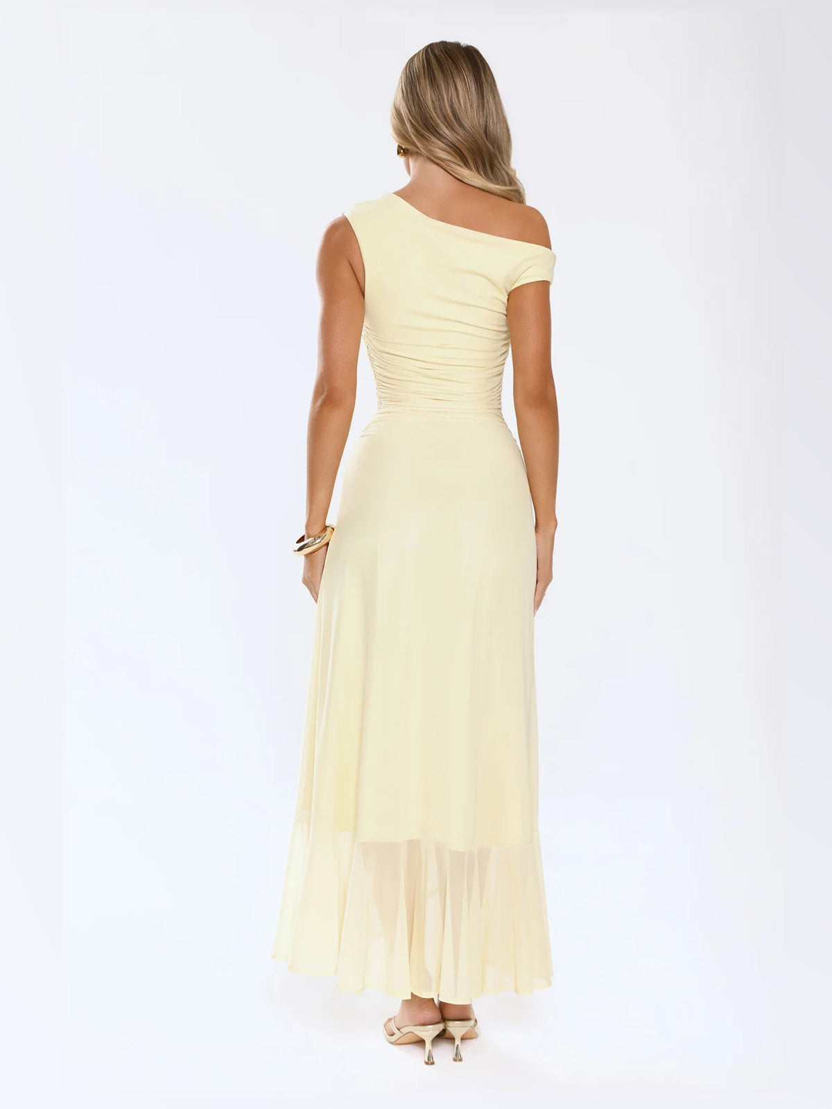 Yellow formal dress with a-line silhouette and maxi length