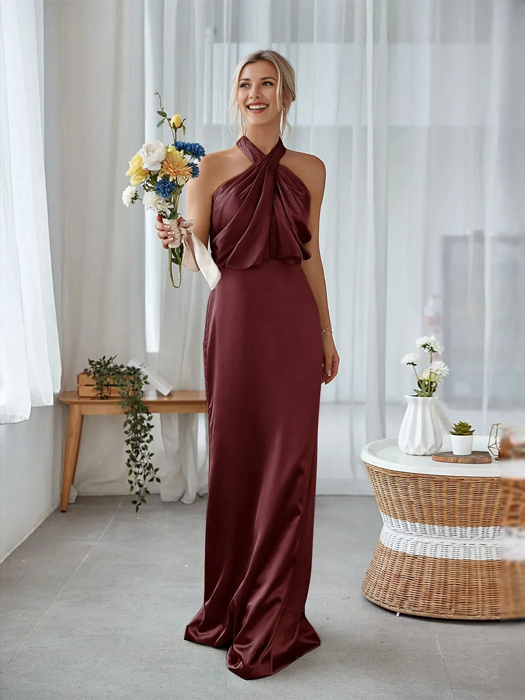 Cabernet satin mermaid halter dress with draped cut-out bodice, floor length