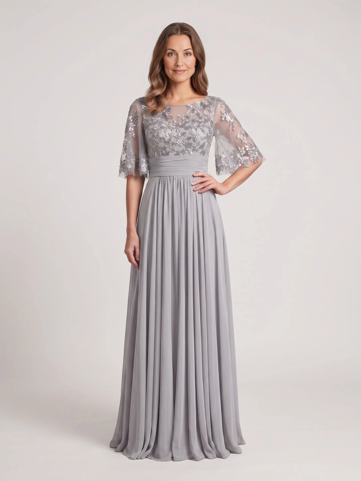 Steel grey chiffon A-line dress with embroidered V-neck ruched bodice, sheer sleeves