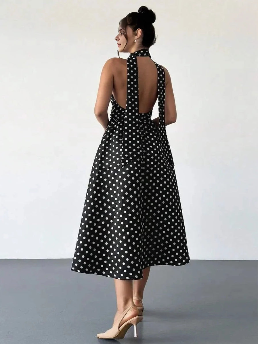Black and white polka dot V-neck midi A-line prom dress with open back halter straps