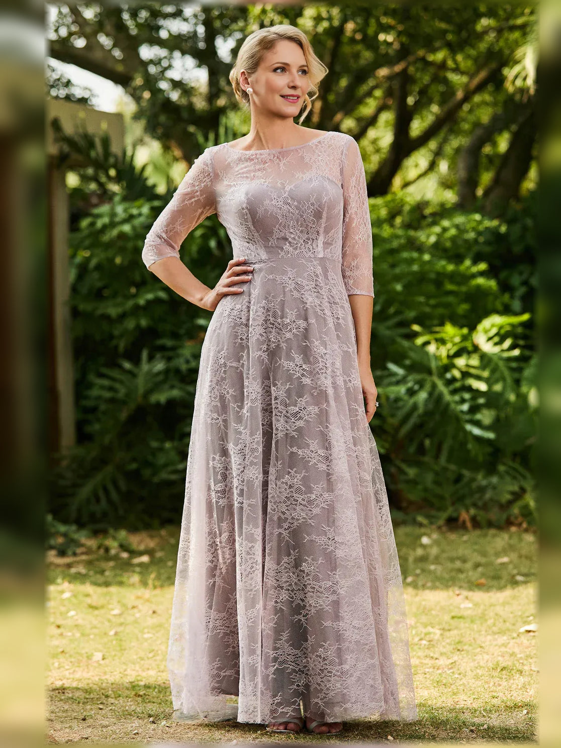 Dusty pink floral lace boat-neck A-line floor-length dress with 3/4 sleeves