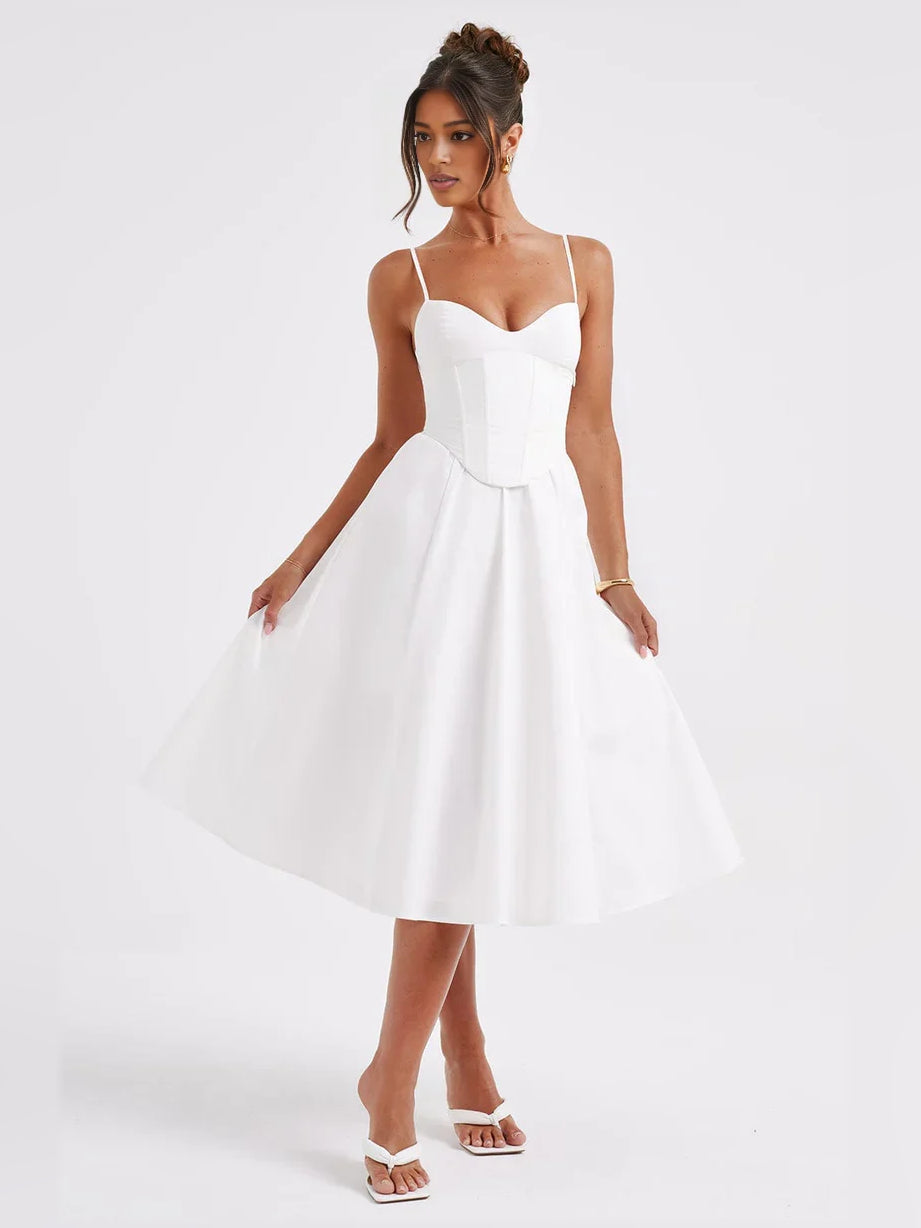 White sweetheart corset A-line tea-length formal dress with flared skirt and thin straps