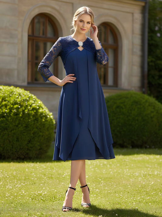 Dark navy V-neck A-line midi mother-of-bride dress with lace 3/4 sleeves