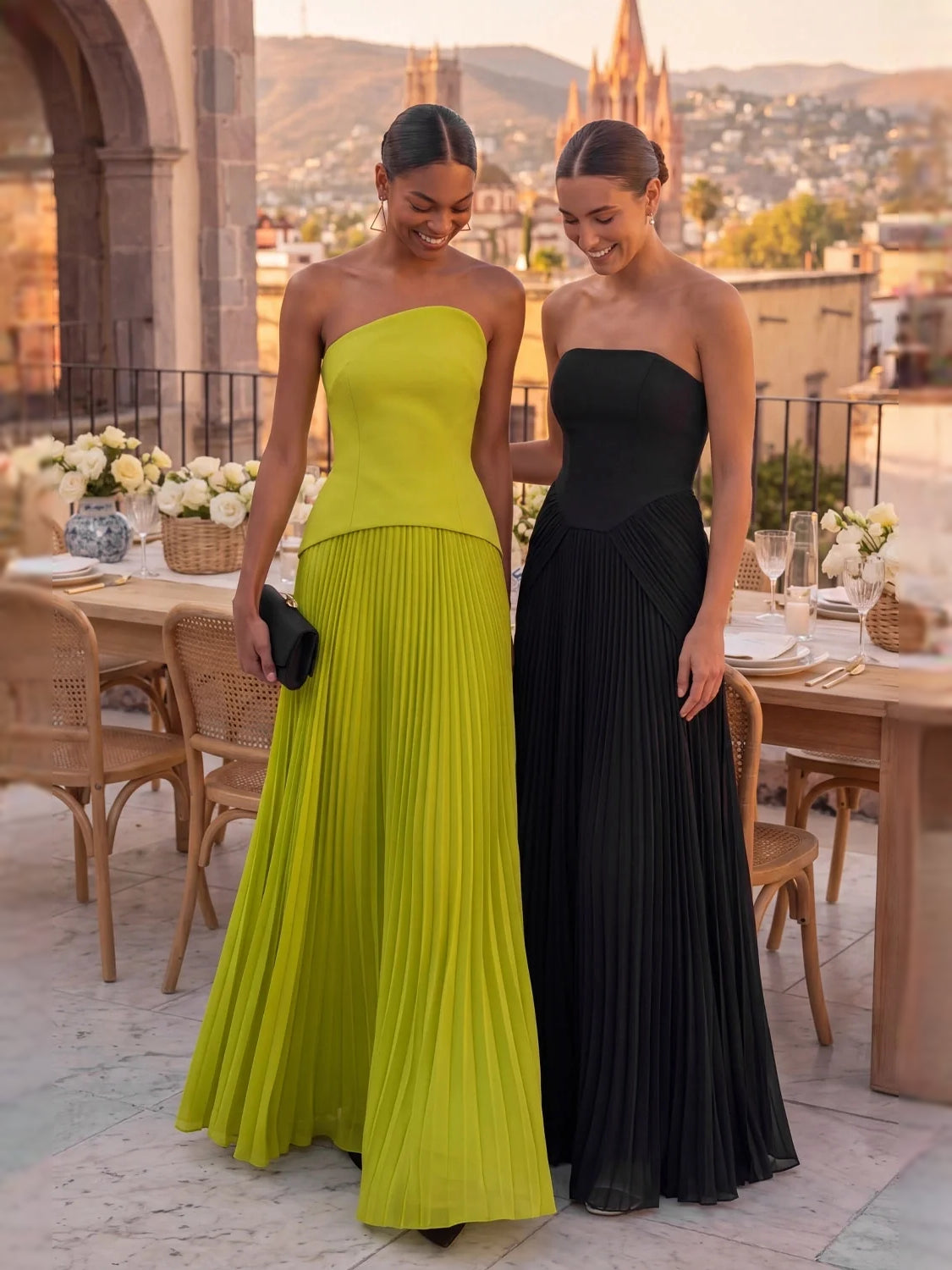 Lime green strapless maxi dress with pleated bodice and flowing pleated skirt