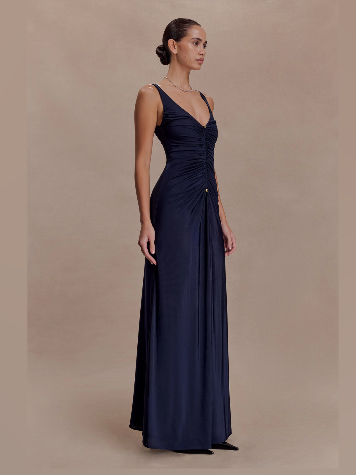 Ink Blue formal dress with a-line silhouette and maxi length