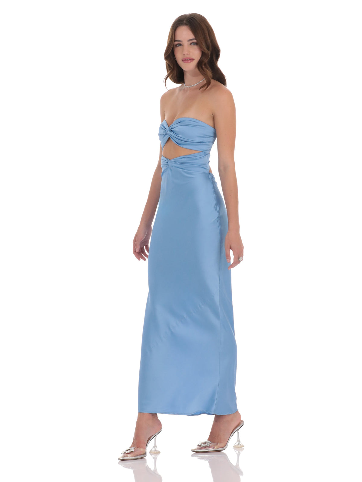 Light Blue bridesmaid dress with a-line silhouette and maxi length