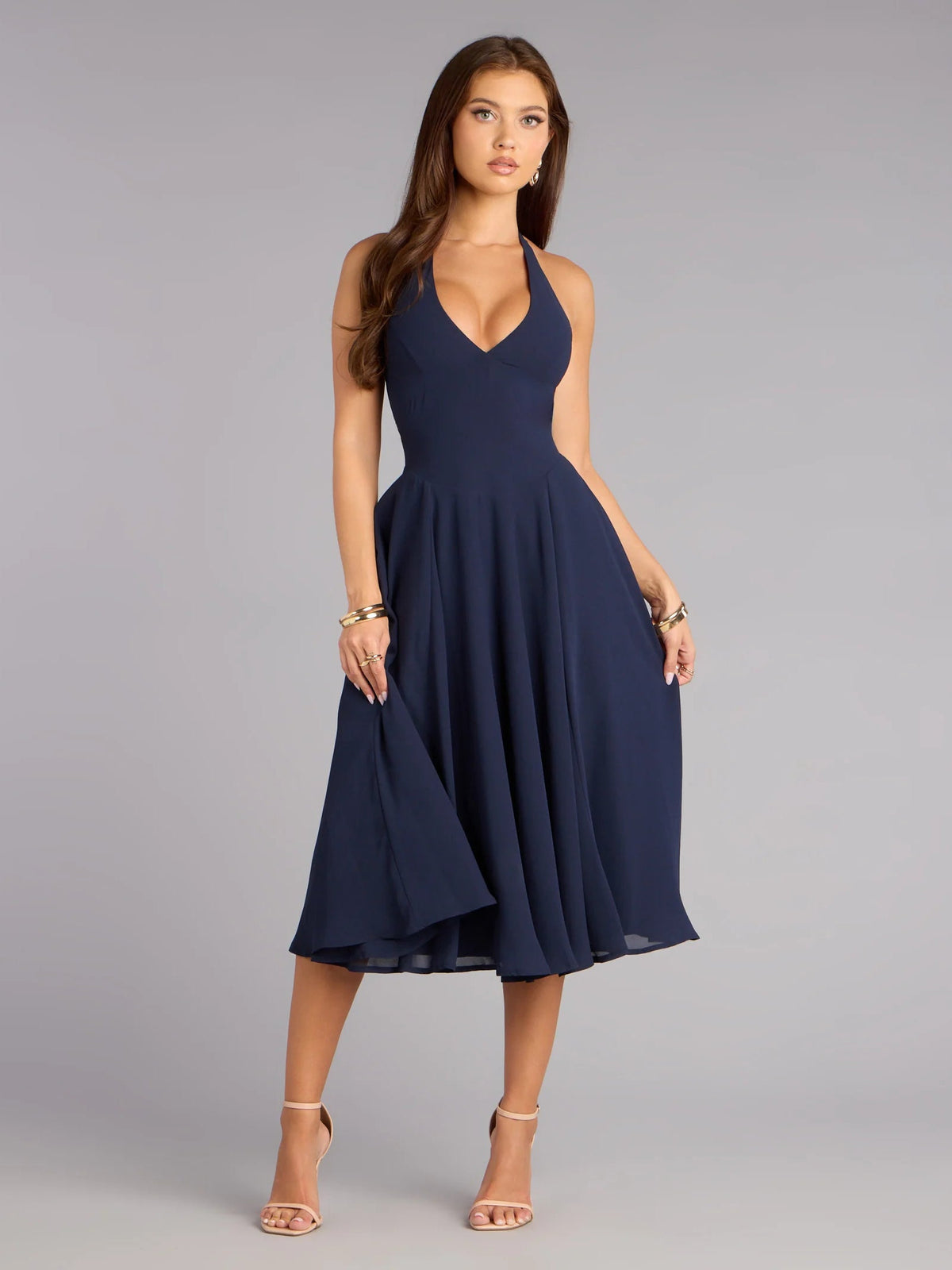 Blue chiffon midi formal dress with V-neck halter and flared skirt