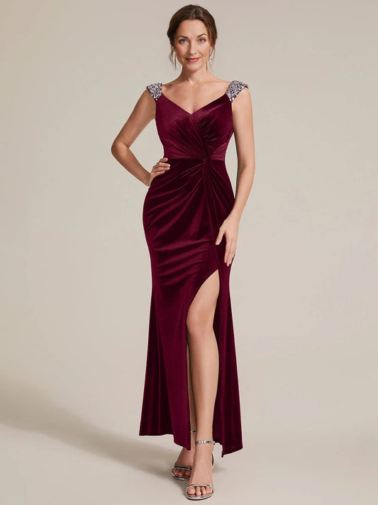 Burgundy velvet sweetheart mermaid maxi dress with beaded rhinestone cap sleeves