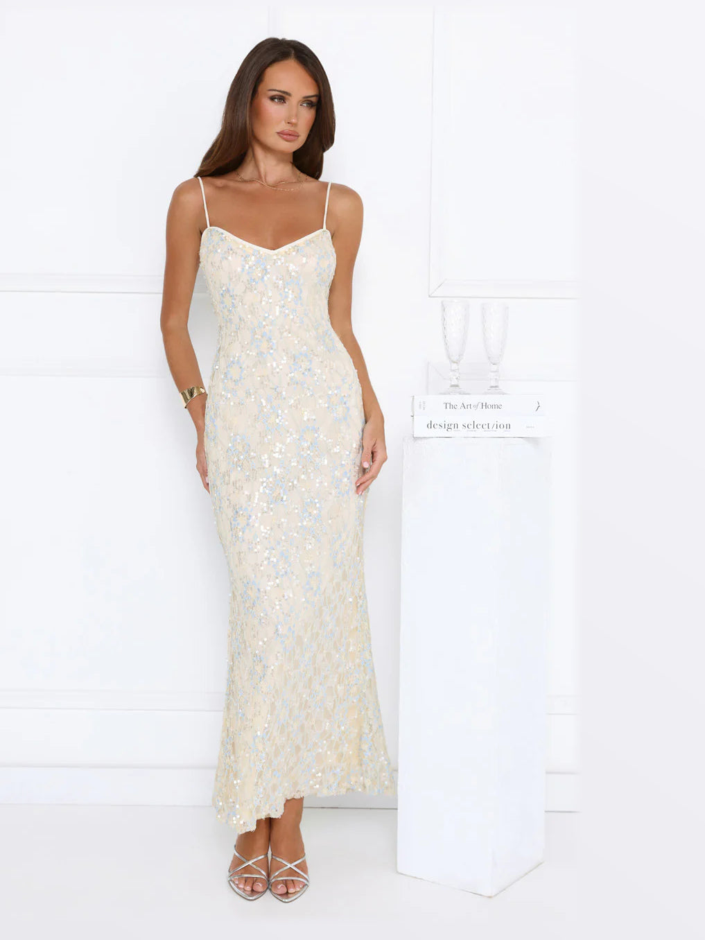 Yellow maxi formal dress, front full-length view showing the neckline
