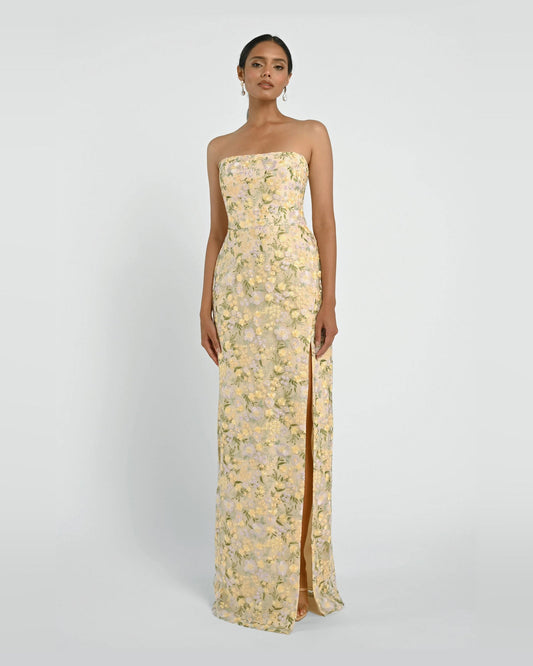 Yellow floral strapless A-line maxi dress with side slit