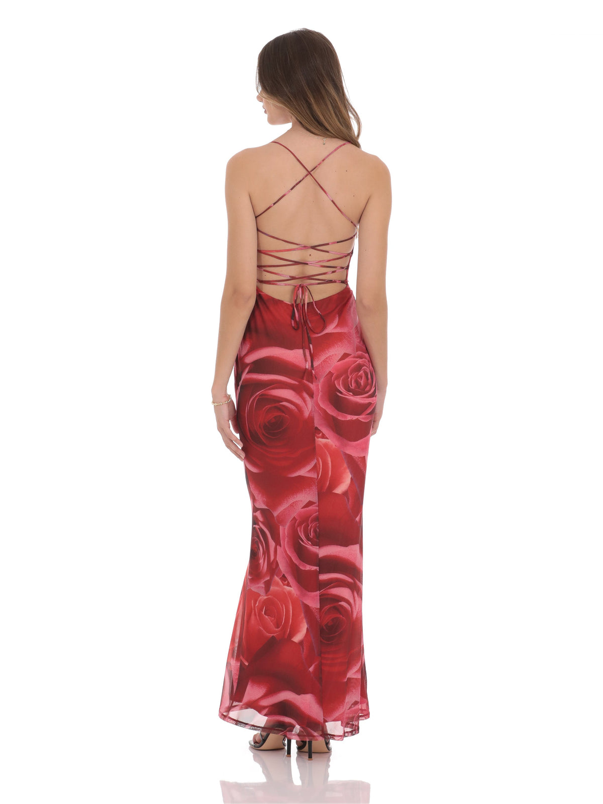 Red bridesmaid dress with bodycon silhouette and maxi length
