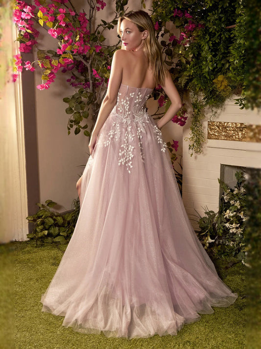 Mauve tulle corset prom dress with sweetheart neckline, floral appliques, and front slit