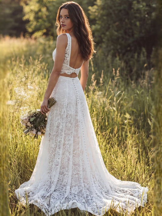 Ivory lace A-line wedding dress with open back and floor-length train