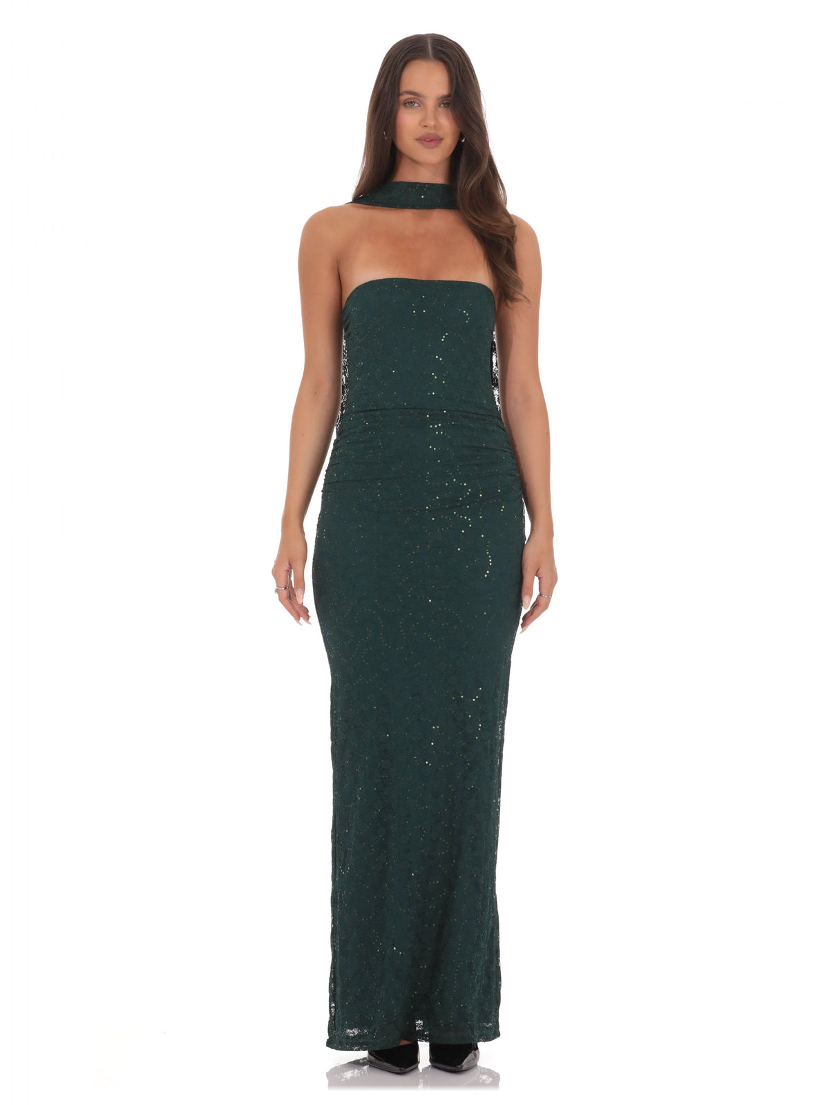 Green bridesmaid dress with a-line silhouette and maxi length